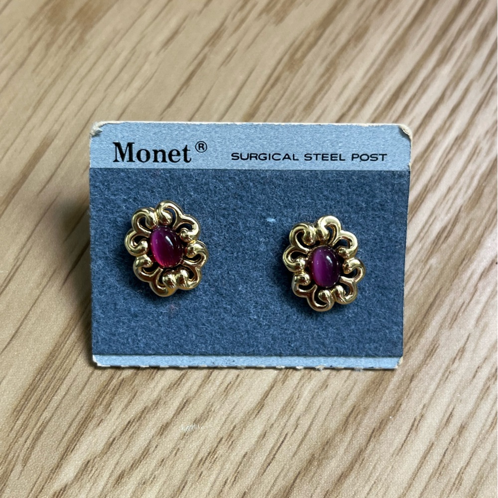 Vintage Monet Gold and Deep Pink Earrings